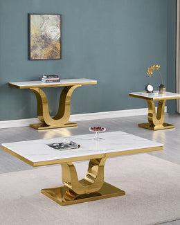 CT320 - 2 White Marble Coffee Table Set With Gold Stainless Steel Base by Quality Living Furniture