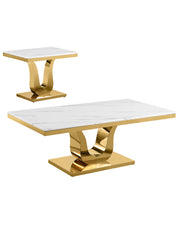 CT320 - 2 White Marble Coffee Table Set With Gold Stainless Steel Base by Quality Living Furniture