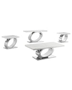 Modern 4 piece white marble coffee table set with oval stainless steel silver bases.