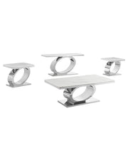 Modern 4 piece white marble coffee table set with oval stainless steel silver bases.