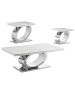 White marble 3 piece coffee table set with oval stainless steel silver bases on white background.