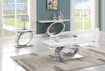 Modern 3 piece white marble coffee and console table set with oval stainless steel bases.