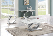 Modern 3 piece white marble coffee and console table set with oval stainless steel bases.