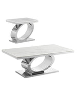 2 piece coffee table set with white marble tops and oval stainless steel bases.