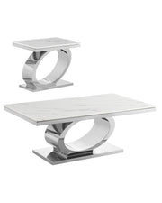 2 piece coffee table set with white marble tops and oval stainless steel bases.