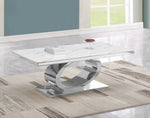 Modern white marble coffee table with oval stainless steel base in silver finish