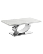 Modern white marble coffee table with oval stainless steel base in silver.