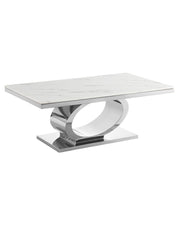 Modern white marble coffee table with oval stainless steel base in silver.