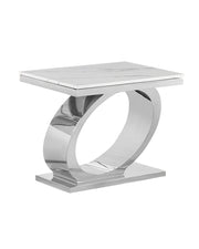 Modern white marble end table with polished silver stainless steel oval base.