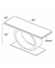 Technical diagram showing dimensions of a modern white marble console table with an oval stainless steel base.