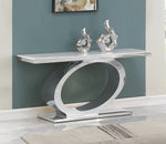 Modern white marble console table with oval stainless steel base and silver metal sculptures