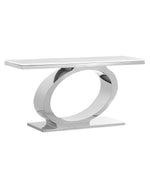 Modern white marble console table with oval stainless steel silver base