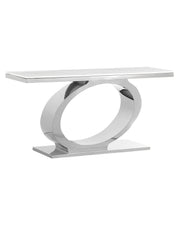Modern white marble console table with oval stainless steel silver base