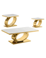 Set of three white marble coffee table set with oval solid gold stainless steel bases