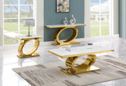 Modern 3 piece white marble coffee table set with oval polished gold stainless steel base.