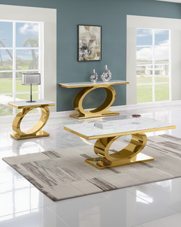 Modern three-piece marble coffee table set with oval gold metallic bases in bright living room