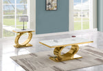 Modern 2 piece white marble coffee table set with oval gold stainless steel base