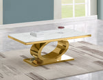 Modern coffee table with white marble top and gold oval stainless steel base.