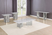 A modern 4 piece set featuring a rectangular coffee table, two matching side tables, and a long console table, all with polished silver steel bases and white marble-patterned tops