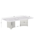 A white marble-patterned rectangular coffee table with a polished pedestal base, shown with dimension lines and labels indicating 55 inches by 30 inches, 17 inches high, and a 15.5-inch leg width.