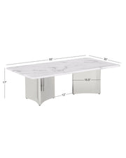A white marble-patterned rectangular coffee table with a polished pedestal base, shown with dimension lines and labels indicating 55 inches by 30 inches, 17 inches high, and a 15.5-inch leg width.