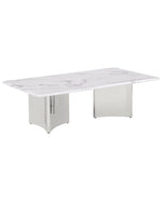 Rectangle coffee table with white marble top and stainless steel pedestal base with concave design