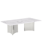 Rectangle coffee table with white marble top and stainless steel pedestal base with concave design