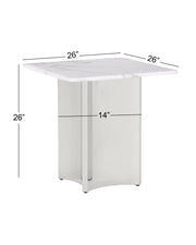 White marble-top end table with a stainless steel pedestal base, shown with dimension lines and labels indicating 26 by 26 by 26 inches