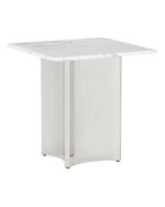 White marble end table with concave stainless steel base