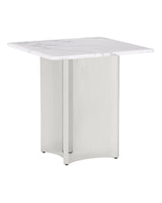 White marble end table with concave stainless steel base