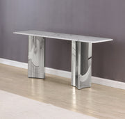 Contemporary console table with white marble top and polished stainless steel double pedestal base