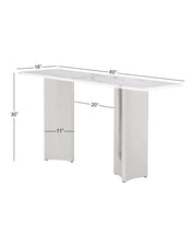 White rectangular console table with dimension annotations showing 60 inches length, 30 inches height, 18 inches depth