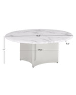 Round coffee table with a white marble-patterned top and stainless steel pedestal base, shown with overlaid dimension lines and measurements including 40.5 inches across the tabletop, 17 inches height