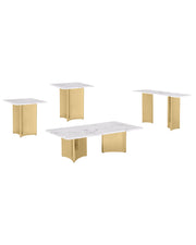 4 piece coffee table living room set with white marble top and pedestal steel bases for contemporary interiors