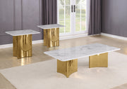 3 piece coffee table set with end tables in white marble top and gold stainless steel base
