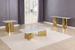3 piece coffee table set with white marble top and gold steel base with concave design
