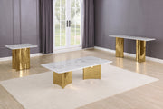 3 piece coffee table set with white marble top and gold steel base with concave design