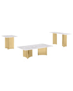 3 piece coffee table living room set with white marble top and pedestal steel bases for contemporary interiors