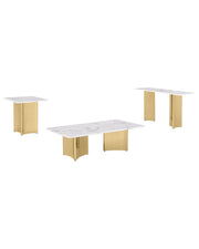 3 piece coffee table living room set with white marble top and pedestal steel bases for contemporary interiors