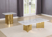 2 piece coffee table set with white marble top and gold steel base with concave design