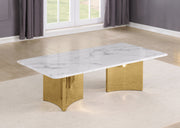 Coffee table with white marble top and double pedestal base in stainless steel