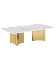 Rectangle coffee table with white marble top and double pedestal gold steel base