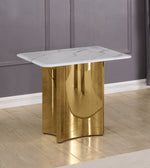 End table with white marble top and gold stainless steel base with concave  pedestal design