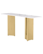 Console table with white marble top and gold stainless steel double pedestal base