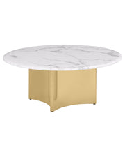 Circular white marble coffee table with gold stainless steel base