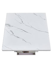 White marble end table with square silver steel base