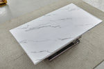 Rectangular coffee table featuring white marble top with grey veins and chrome steel base.