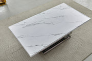 Rectangular coffee table featuring white marble top with grey veins and chrome steel base.