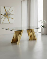 94-Inch Modern Glass-Top Dining Table with Architectural Twisted Gold Metal Base (D04) by Quality Living Furniture