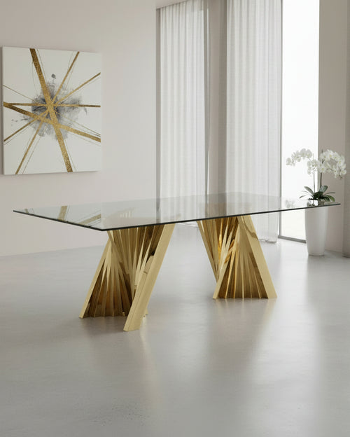 94-Inch Modern Glass-Top Dining Table with Architectural Twisted Gold Metal Base (D04) by Quality Living Furniture